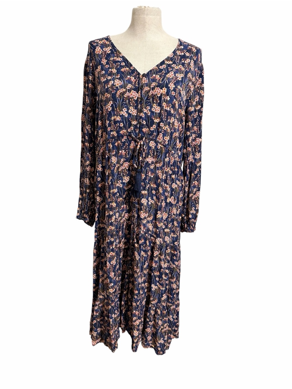 Knox Rose Navy‎ Maxi Dress with Pink Floral Print Bohemian Cottagecore Size XXL